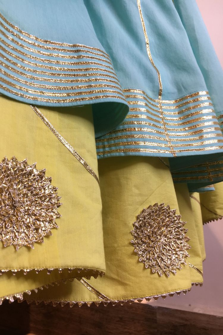 'HAYAT' Sea Green & Lime Yellow Double Layered Mulmul Cotton Kalidar Ghaghra (Set Of 3)