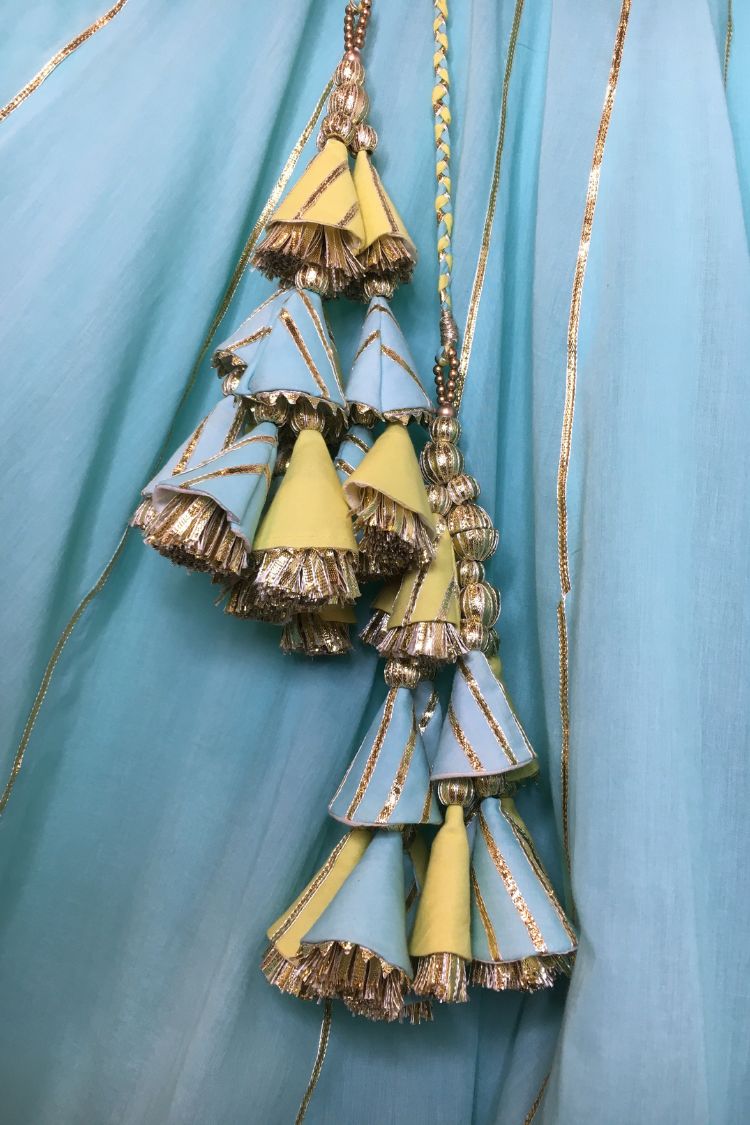 'HAYAT' Sea Green & Lime Yellow Double Layered Mulmul Cotton Kalidar Ghaghra (Set Of 3)