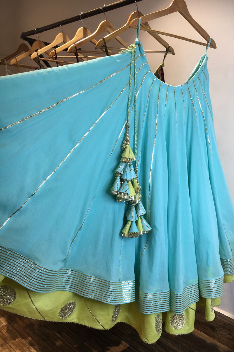 'HAYAT' Sea Green & Lime Yellow Double Layered Mulmul Cotton Kalidar Ghaghra (Set Of 3)