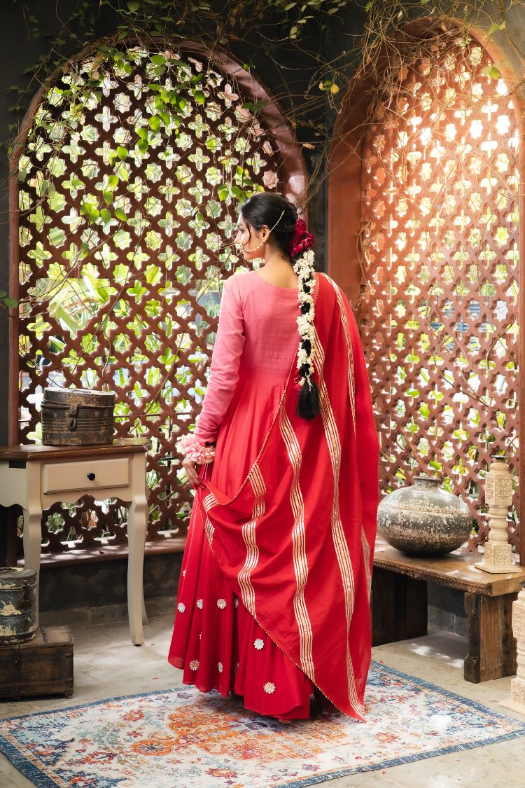 'DILRUBA' Pink & Maroon Ombré Mulmul Cotton Anarkali (Set Of 2)