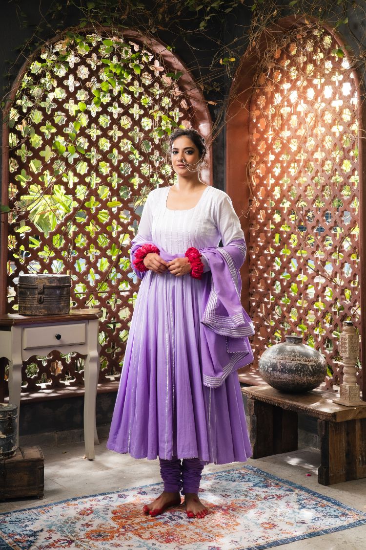 'ISHQIYA' Lavender Mulmul Cotton Anarkali (Set Of 3)