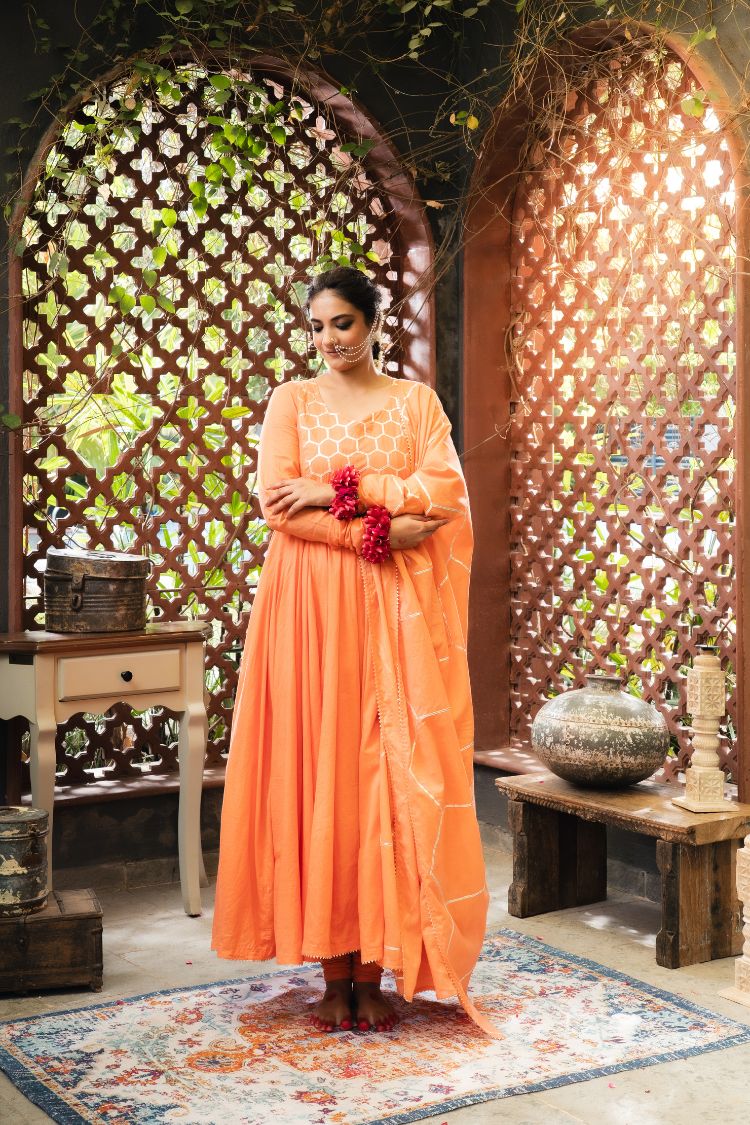 'KESARI' Orange Mulmul Cotton Anarkali (Set Of 3)