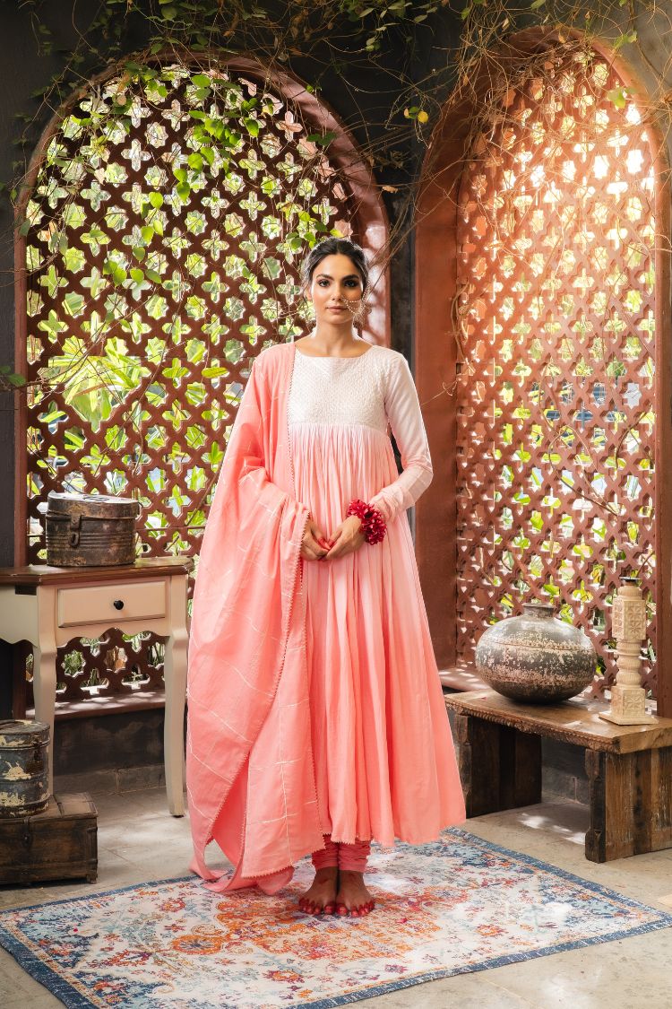 'SHARBAT' Blush Pink & Ombré Mulmul Cotton Anarkali (Set Of 3)