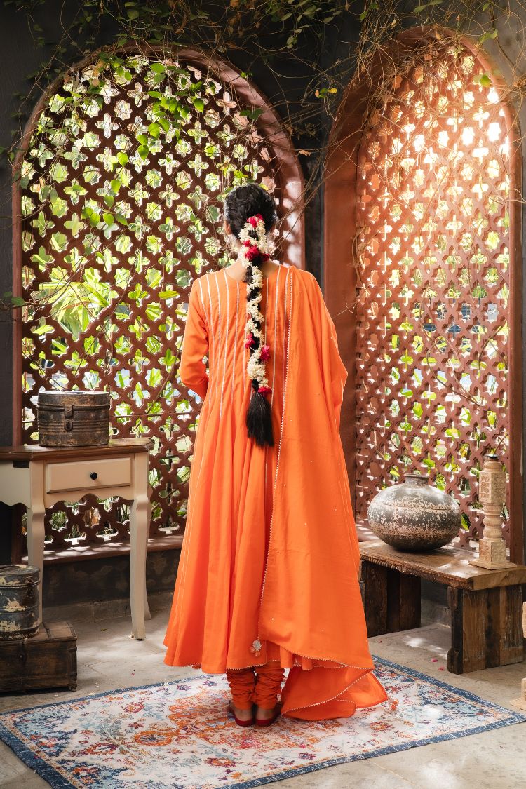 'NOOR BAANO' Tangerine Mulmul Cotton Anarkali (Set Of 3)