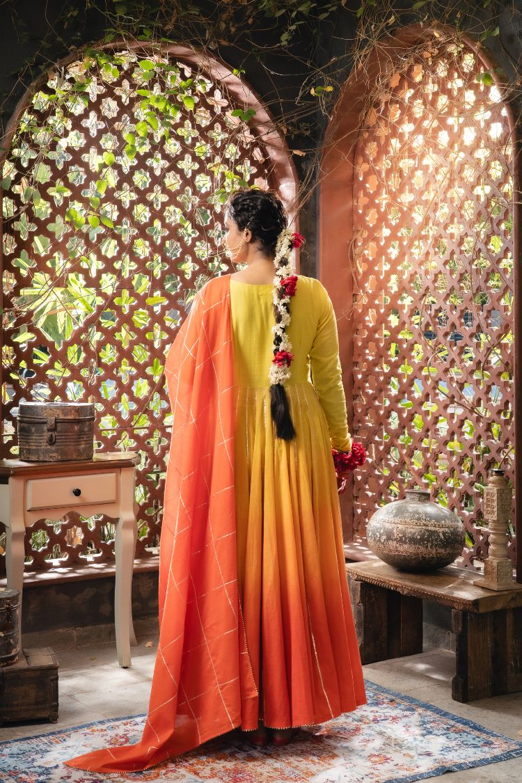 'MEHER' Yellow & Ombré Mulmul Cotton Anarkali (Set Of 2)