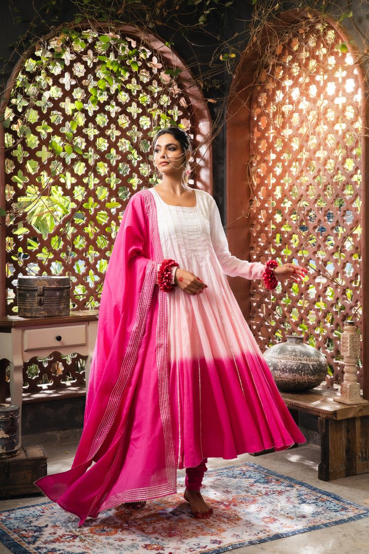 'ROOH-AFZA' Pink & Ombré Mulmul Cotton Anarkali (Set Of 3)