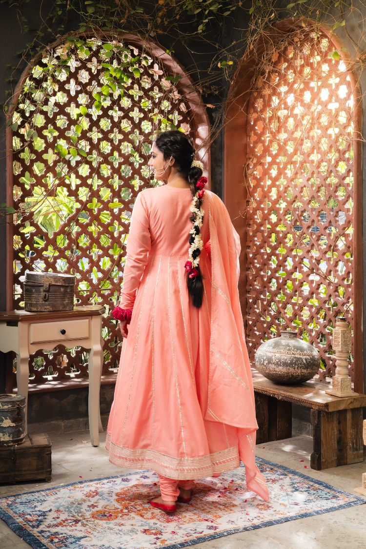 'SAHIBA' Peach Mulmul Cotton Anarkali (Set Of 3)