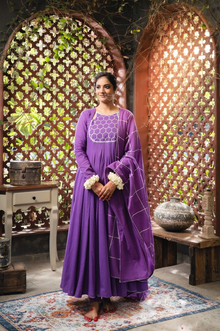 'MEHBOOB' Purple Mulmul Cotton Anarkali (Set Of 3)