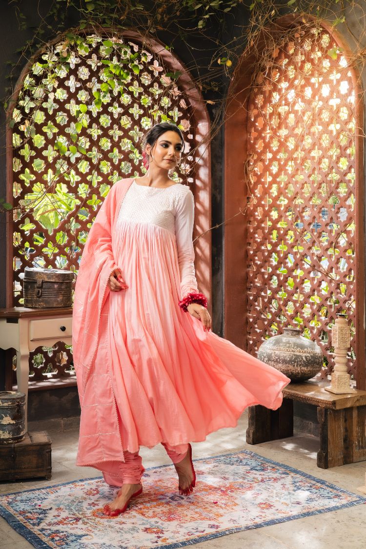 'SHARBAT' Blush Pink & Ombré Mulmul Cotton Anarkali (Set Of 3)