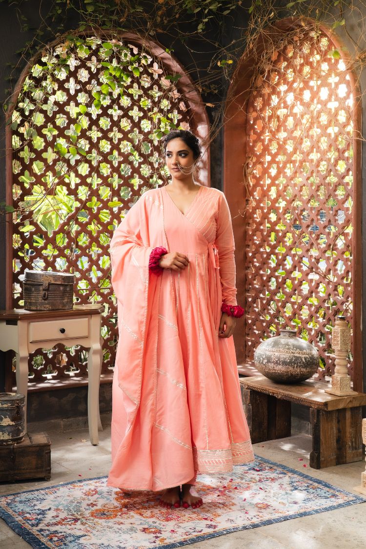 'SAHIBA' Peach Mulmul Cotton Anarkali (Set Of 3)