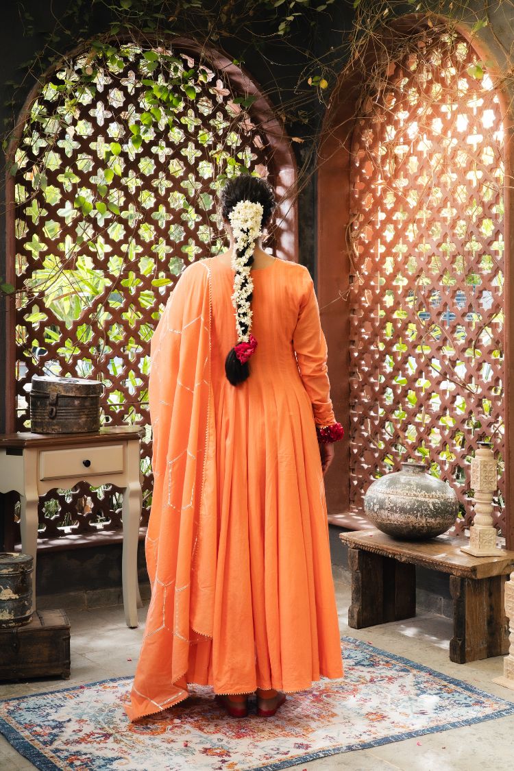 'KESARI' Orange Mulmul Cotton Anarkali (Set Of 3)