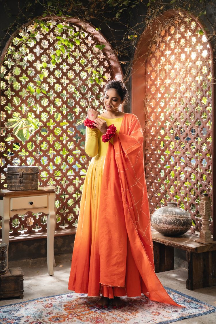 'MEHER' Yellow & Ombré Mulmul Cotton Anarkali (Set Of 2)