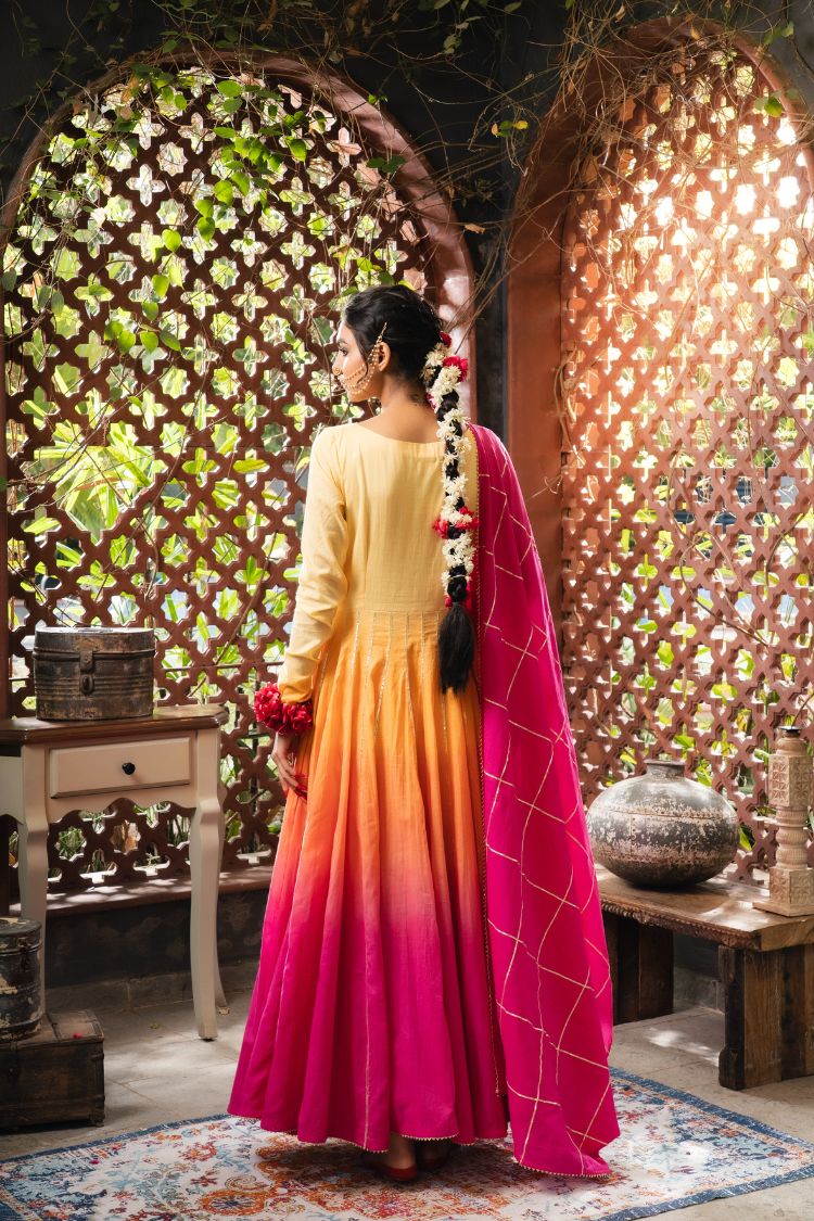 'SEHER' Yellow & Ombré Mulmul Cotton Anarkali (Set Of 2)