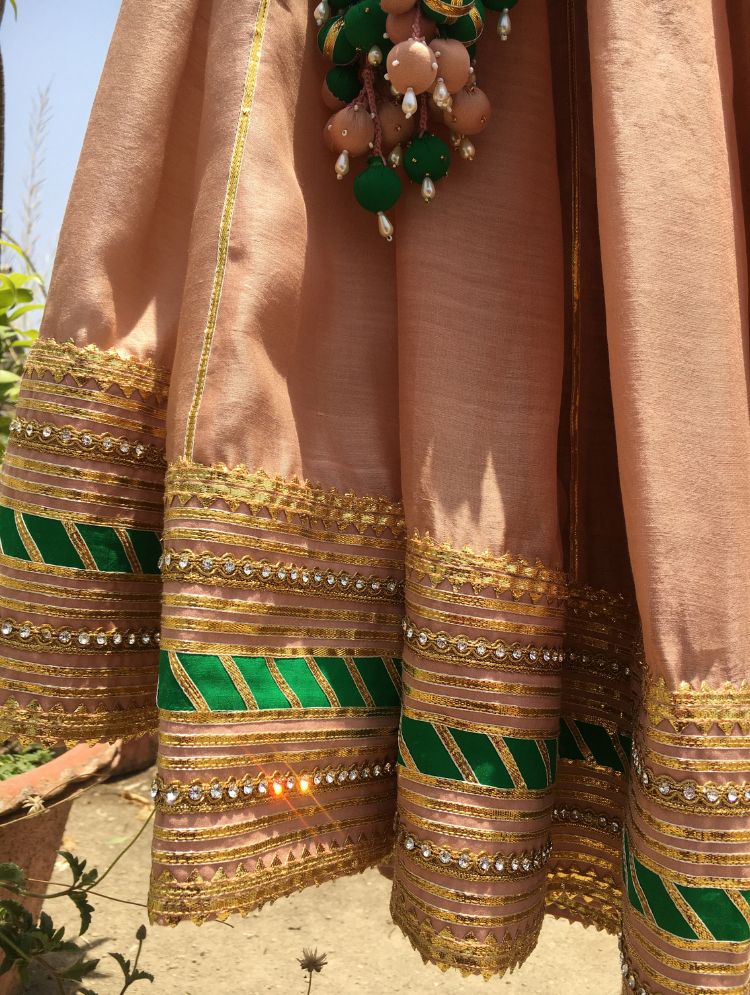 'MISHTHI' Peach Handloom Chanderi Silk Kalidar Ghaghra (Set Of 3)