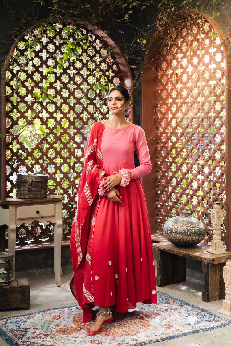 'DILRUBA' Pink & Maroon Ombré Mulmul Cotton Anarkali (Set Of 2)