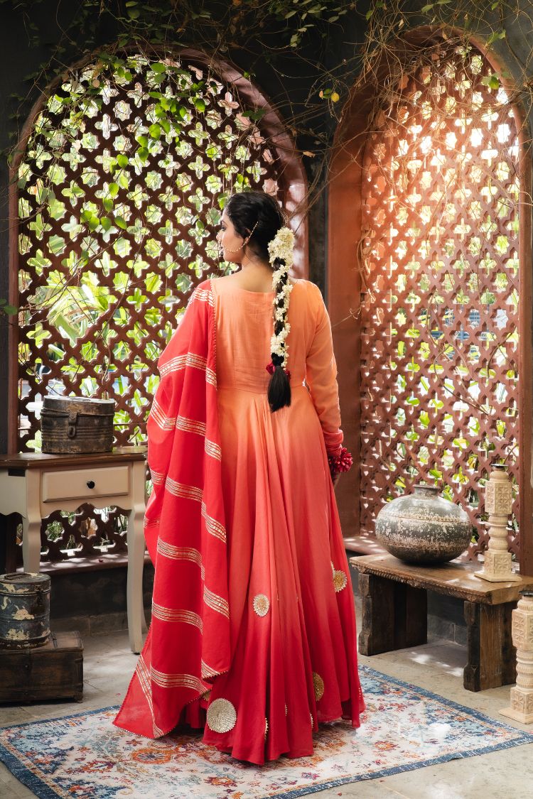 'JAAN-E-BAHAR' Orange & Maroon Ombré Mulmul Cotton Anarkali (Set Of 2)