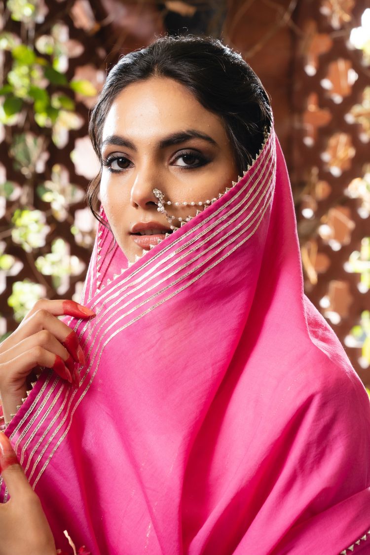 'ROOH-AFZA' Pink & Ombré Mulmul Cotton Anarkali (Set Of 3)