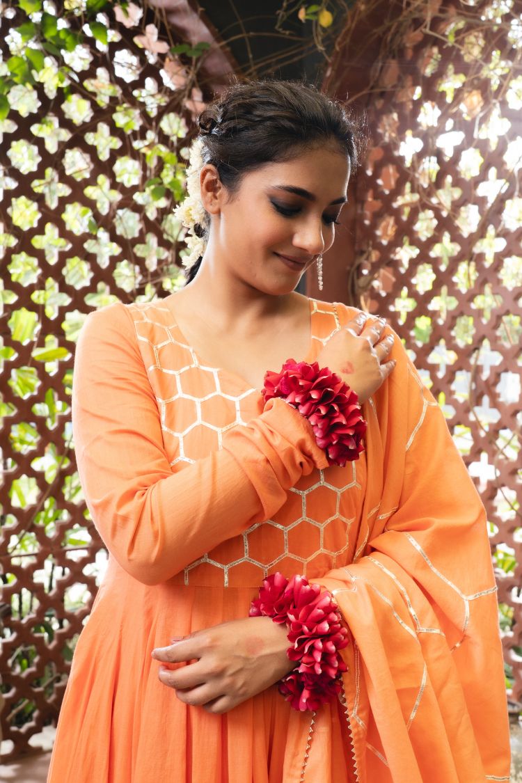 'KESARI' Orange Mulmul Cotton Anarkali (Set Of 3)
