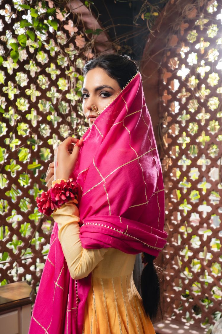 'SEHER' Yellow & Ombré Mulmul Cotton Anarkali (Set Of 2)