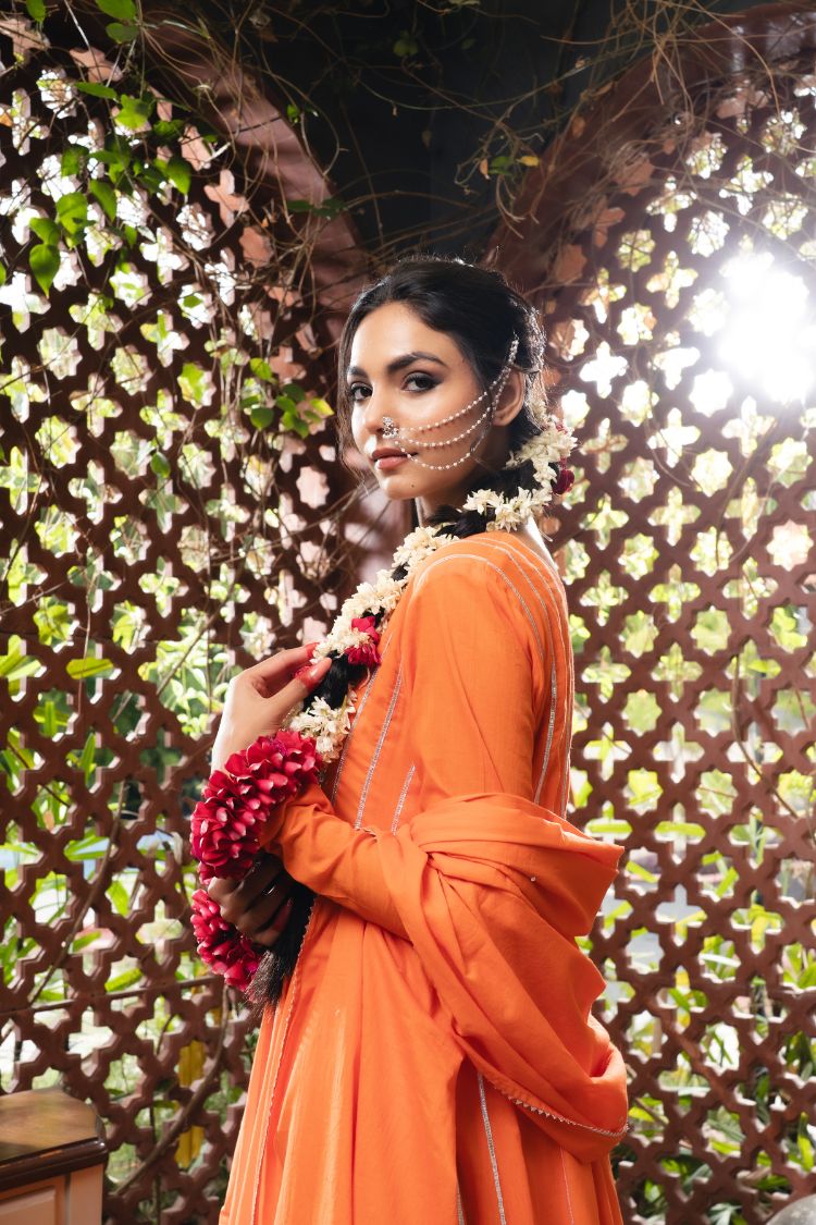 'NOOR BAANO' Tangerine Mulmul Cotton Anarkali (Set Of 3)