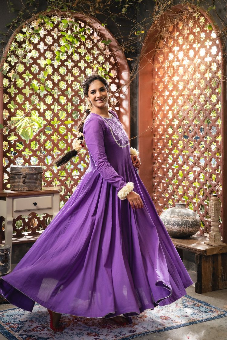 'MEHBOOB' Purple Mulmul Cotton Anarkali (Set Of 3)