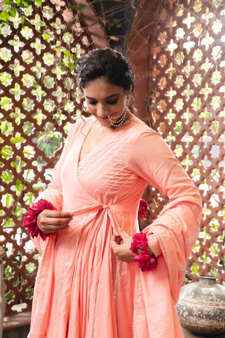 'SAHIBA' Peach Mulmul Cotton Anarkali (Set Of 3)
