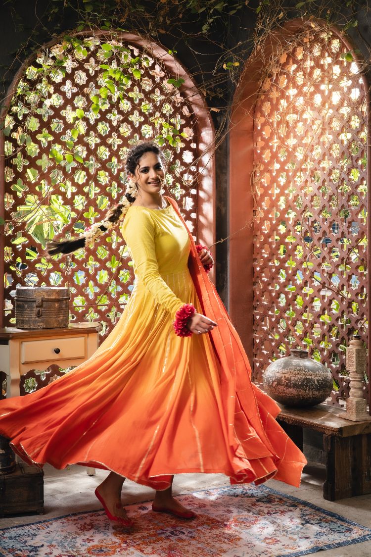 Studio Sample - 'MEHER' Yellow & Ombré Mulmul Cotton Anarkali (Set Of 2)