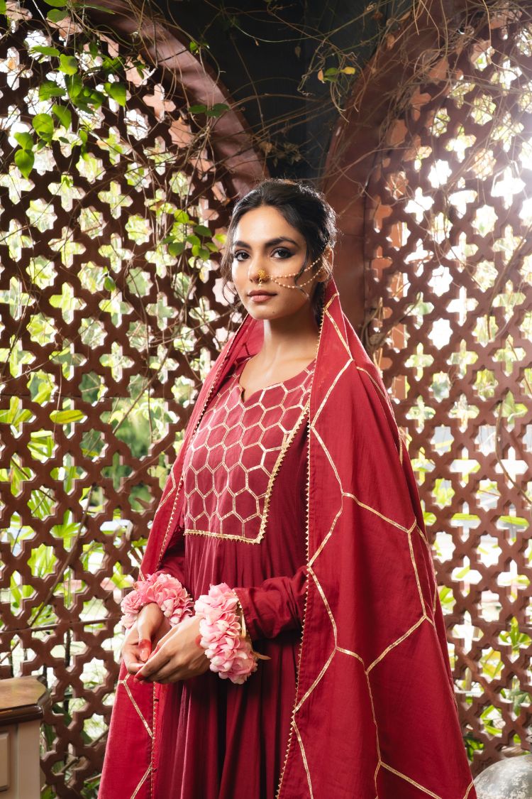 'GULABJAL' Maroon Mulmul Cotton Anarkali (Set Of 3)