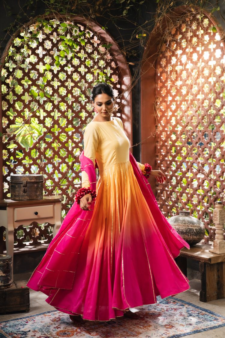 'SEHER' Yellow & Ombré Mulmul Cotton Anarkali (Set Of 2)