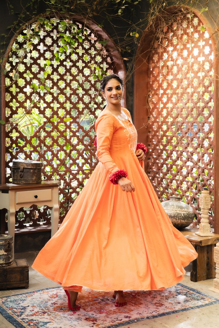 'KESARI' Orange Mulmul Cotton Anarkali (Set Of 3)