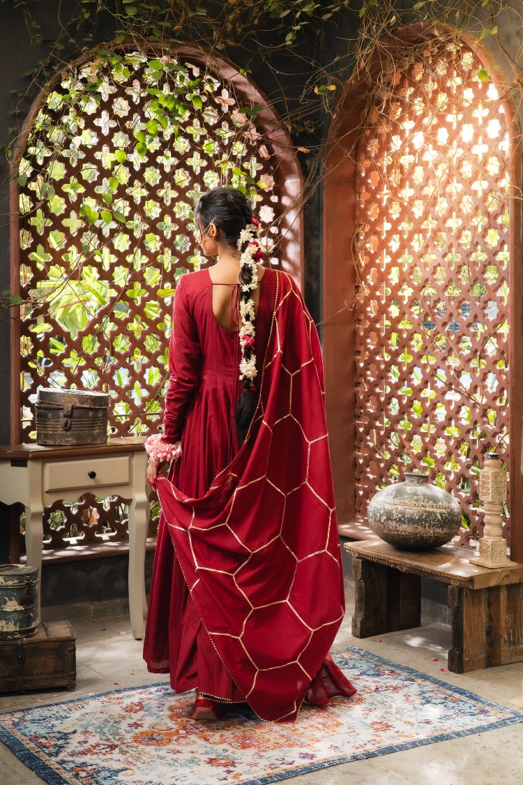 'GULABJAL' Maroon Mulmul Cotton Anarkali (Set Of 3)
