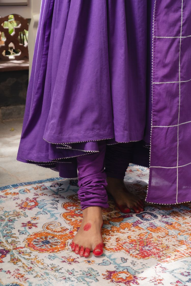 'MEHBOOB' Purple Mulmul Cotton Anarkali (Set Of 3)