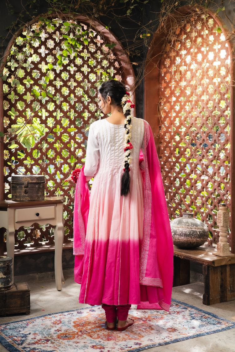 'ROOH-AFZA' Pink & Ombré Mulmul Cotton Anarkali (Set Of 3)