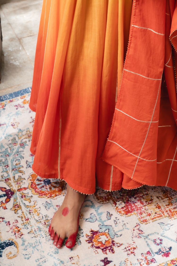 'MEHER' Yellow & Ombré Mulmul Cotton Anarkali (Set Of 2)