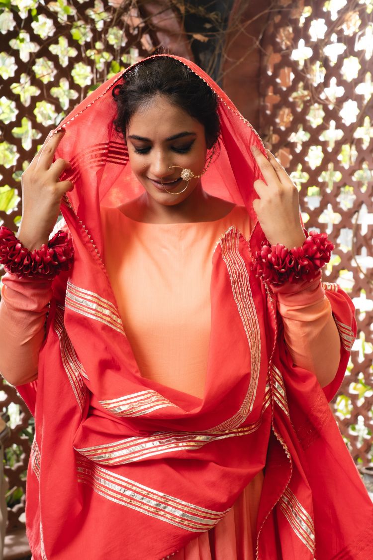 'JAAN-E-BAHAR' Orange & Maroon Ombré Mulmul Cotton Anarkali (Set Of 2)