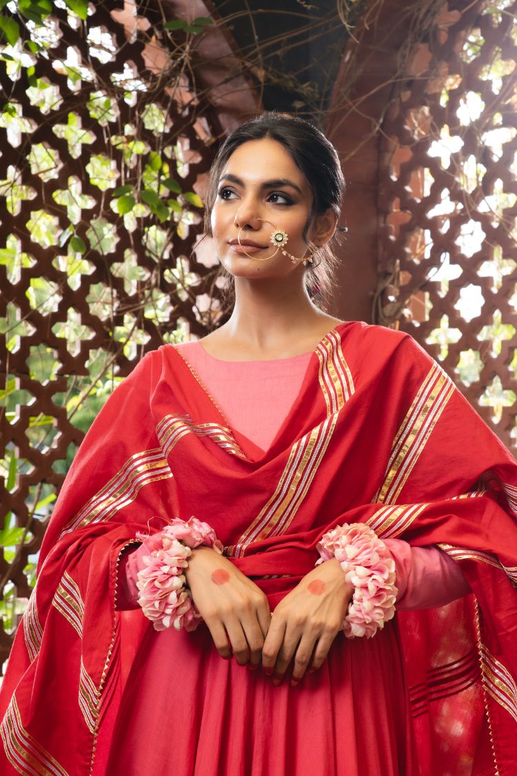 'DILRUBA' Pink & Maroon Ombré Mulmul Cotton Anarkali (Set Of 2)