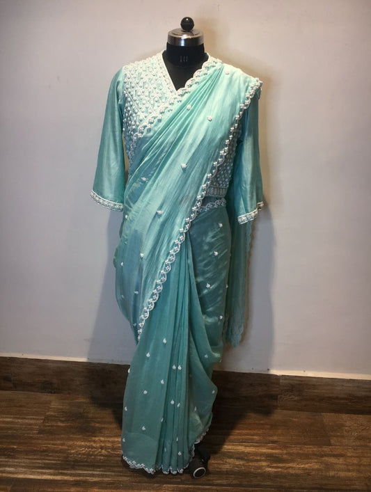 'RUHGUL' Sea Green Handloom Chanderi Silk Saree
