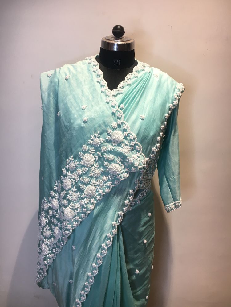 'RUHGUL' Sea Green Handloom Chanderi Silk Saree