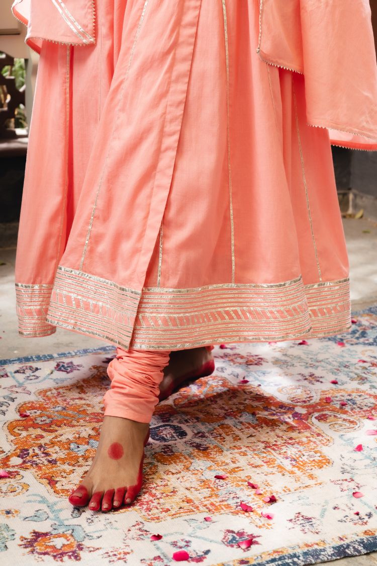 'SAHIBA' Peach Mulmul Cotton Anarkali (Set Of 3)