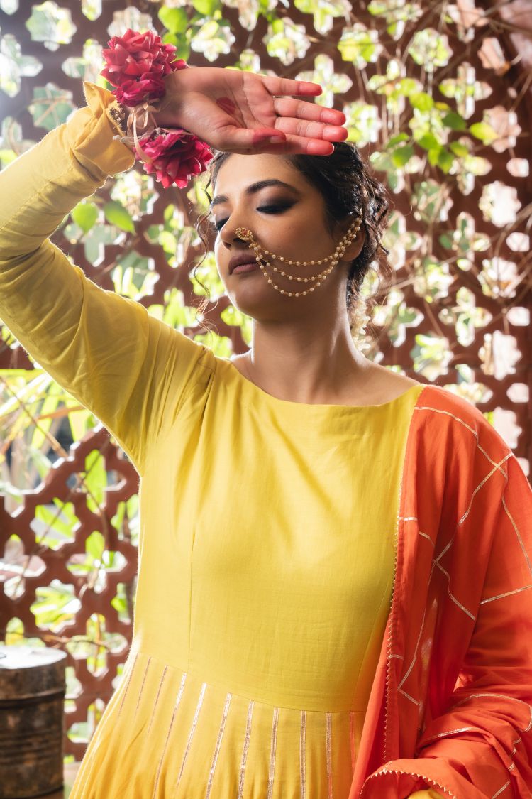 'MEHER' Yellow & Ombré Mulmul Cotton Anarkali (Set Of 2)