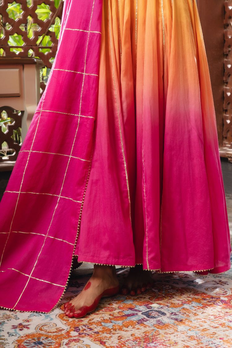 'SEHER' Yellow & Ombré Mulmul Cotton Anarkali (Set Of 2)