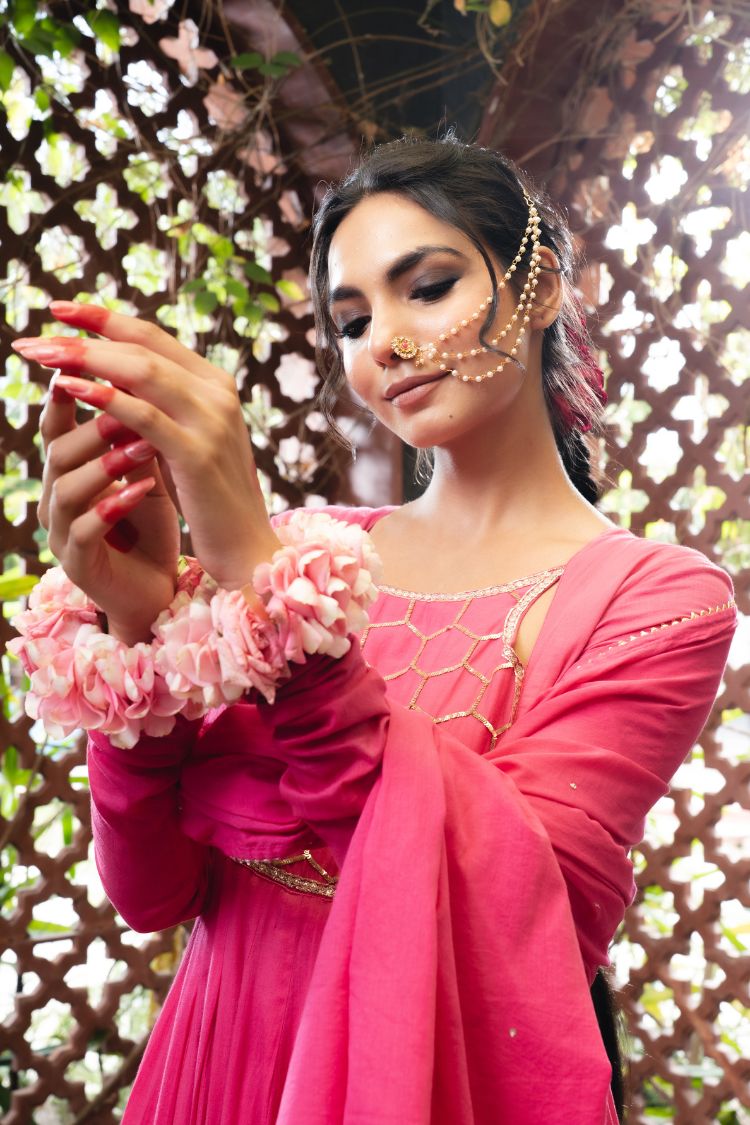 'PAKEEZAH' Rani Pink Mulmul Cotton Anarkali (Set Of 3)