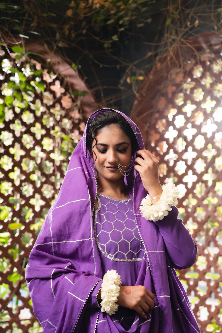 'MEHBOOB' Purple Mulmul Cotton Anarkali (Set Of 3)