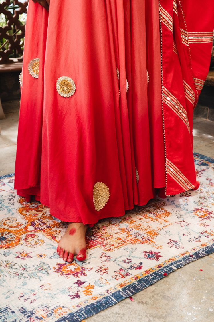 'JAAN-E-BAHAR' Orange & Maroon Ombré Mulmul Cotton Anarkali (Set Of 2)