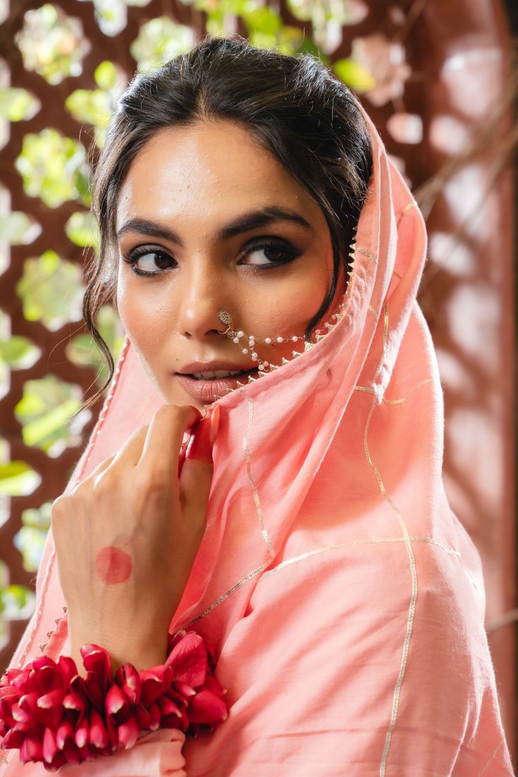'SHARBAT' Blush Pink & Ombré Mulmul Cotton Anarkali (Set Of 3)
