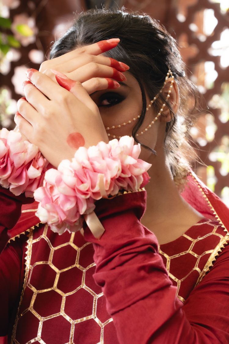 'GULABJAL' Maroon Mulmul Cotton Anarkali (Set Of 3)
