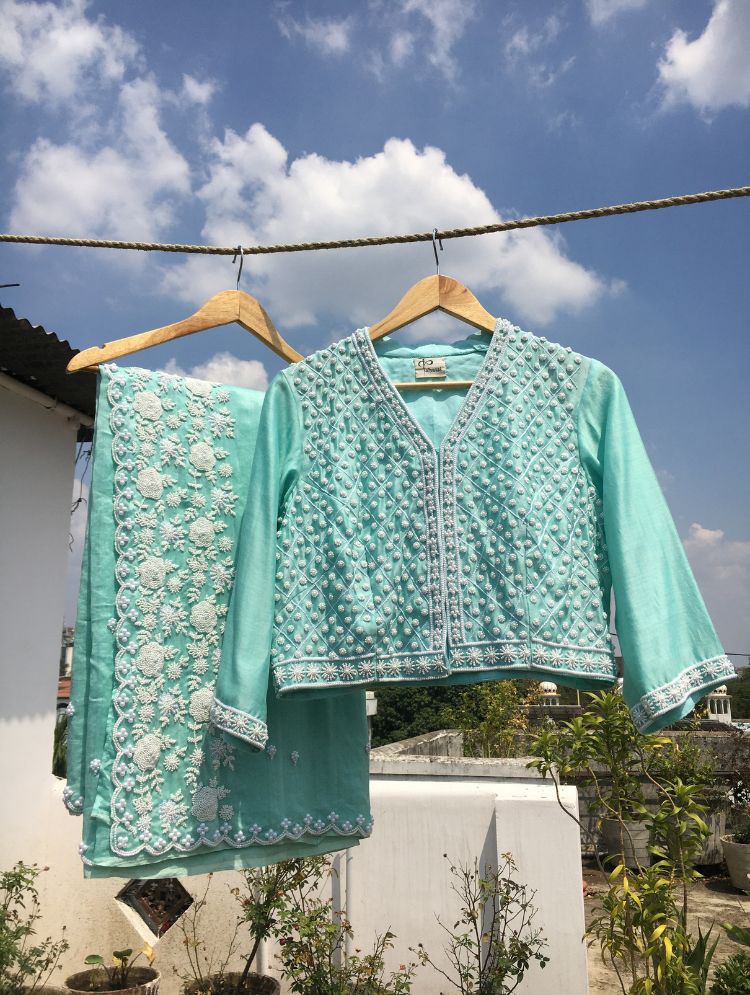'RUHGUL' Sea Green Handloom Chanderi Silk Saree
