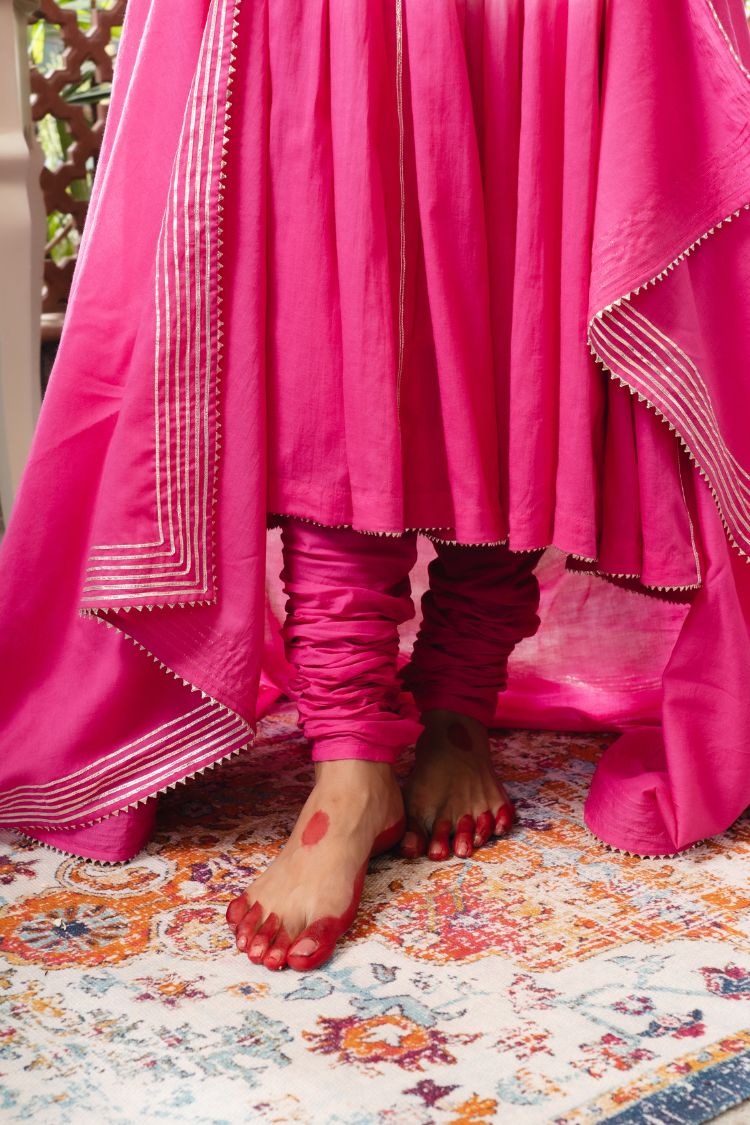 'ROOH-AFZA' Pink & Ombré Mulmul Cotton Anarkali (Set Of 3)