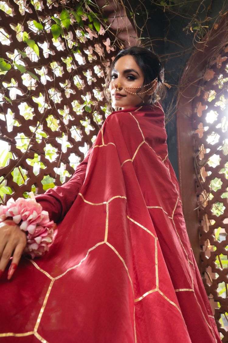 'GULABJAL' Maroon Mulmul Cotton Anarkali (Set Of 3)