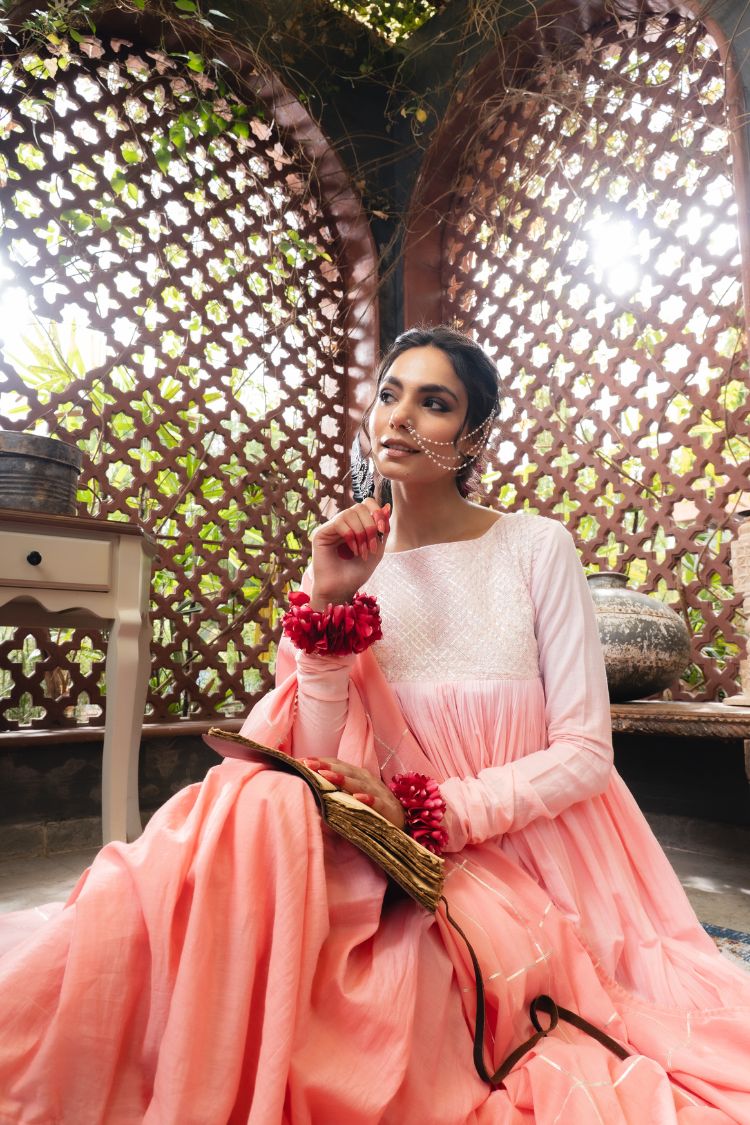 'SHARBAT' Blush Pink & Ombré Mulmul Cotton Anarkali (Set Of 3)